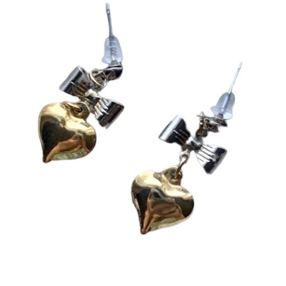 Pretty Two Toned Golden Heart & Silver Bow Dangle Earrings Woman’s Jewelry - Picture 2 of 5